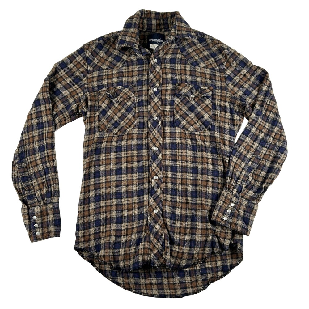 Wrangler Shirt Mens Small Brown Plaid Flannel Western Pearl Snap Cowboy